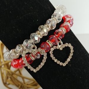 Pair Crystal Rhinestone Stretch Heart Bracelet